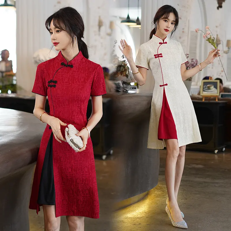 Vintage-Inspired Stand Collar Short-Sleeve Cheongsam Dress - Elegant A-Line Qipao