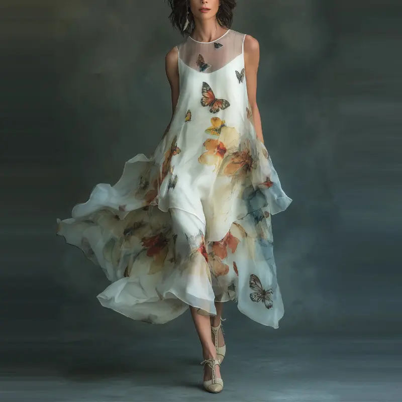 Elegant Butterfly Print Sleeveless Maxi Dress – Chic Slim-Fit A-Line Long Dress