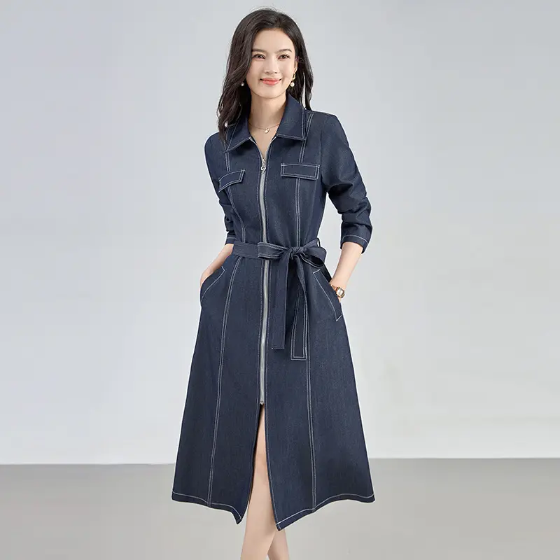 Elegant French Style Long Sleeve A-Line Midi Dress - Chic Blue Commuter Dress