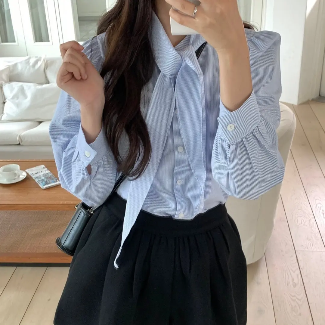 Women's Elegant Striped Button-Down Shirt – Ribbon-Trimmed Oversized Long Sleeve Blouse