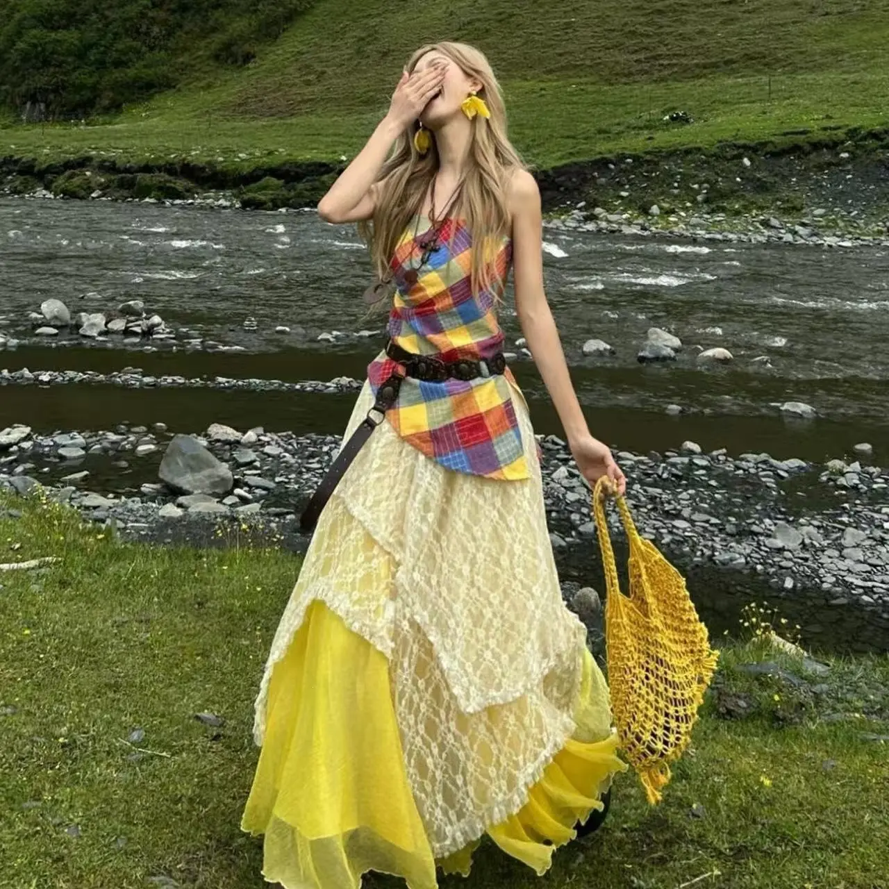 Vibrant Yellow Geometric Midi Skirt & Tank Top 3-Piece Set with Matching Belt