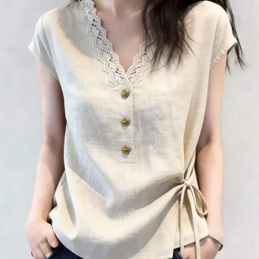 Women's Elegant V-Neck Lace Trim Blouse - Short Sleeve Chic Office Work Top