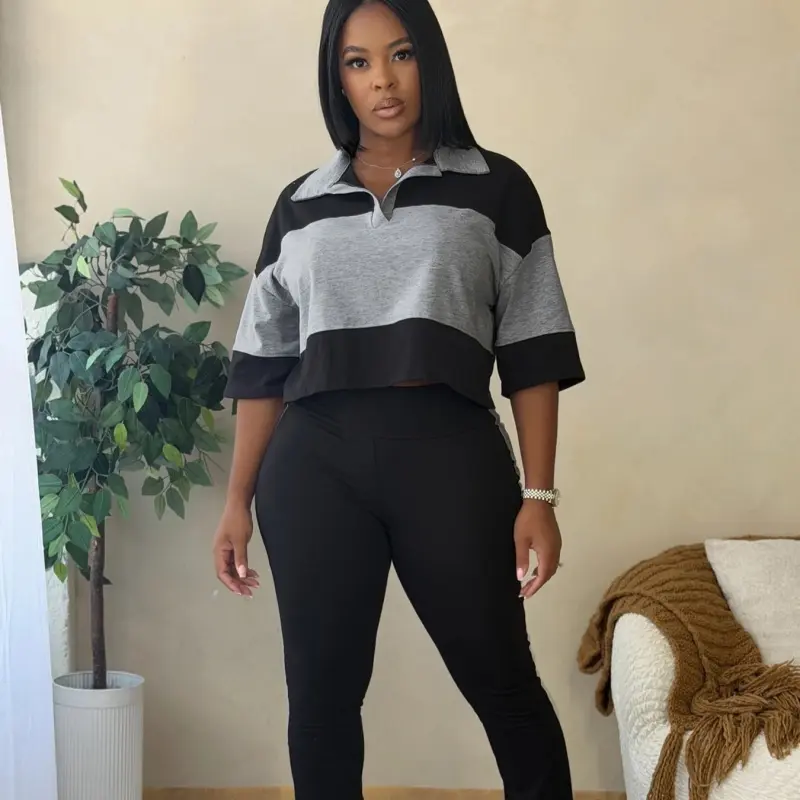 Women's Chic Color-Block 2-Piece Outfit Set – Polo Collar Top & Flared Pants