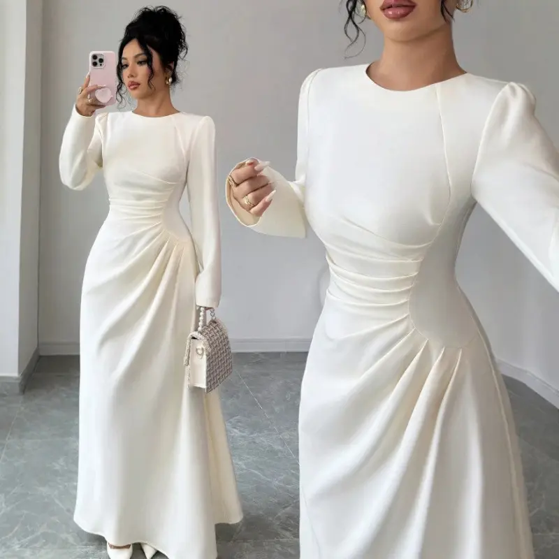 Elegant White Satin Pleated Long Sleeve Maxi Dress - Waist-Cinching A-Line Silhouette