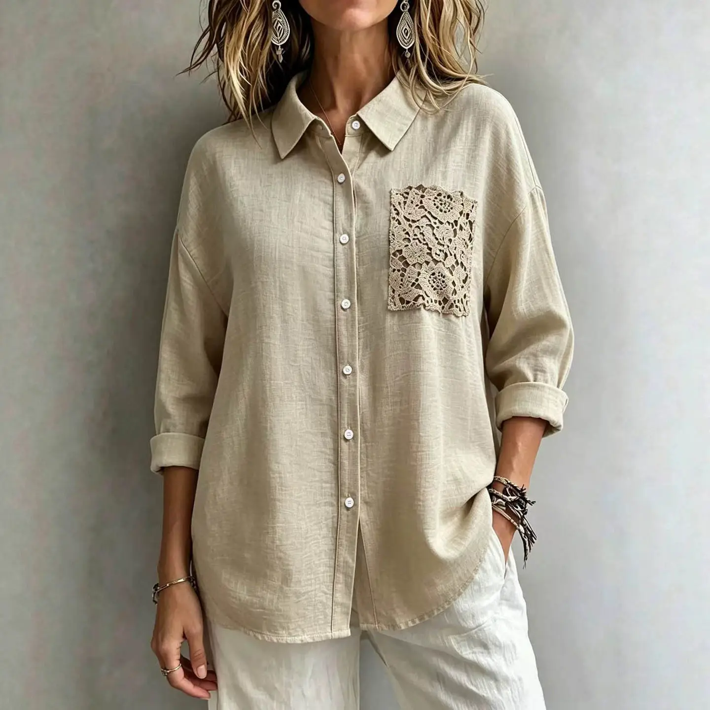 Women's Elegant Hollow Lace Drop-Shoulder Top – Lightweight Long Sleeve Cardigan
