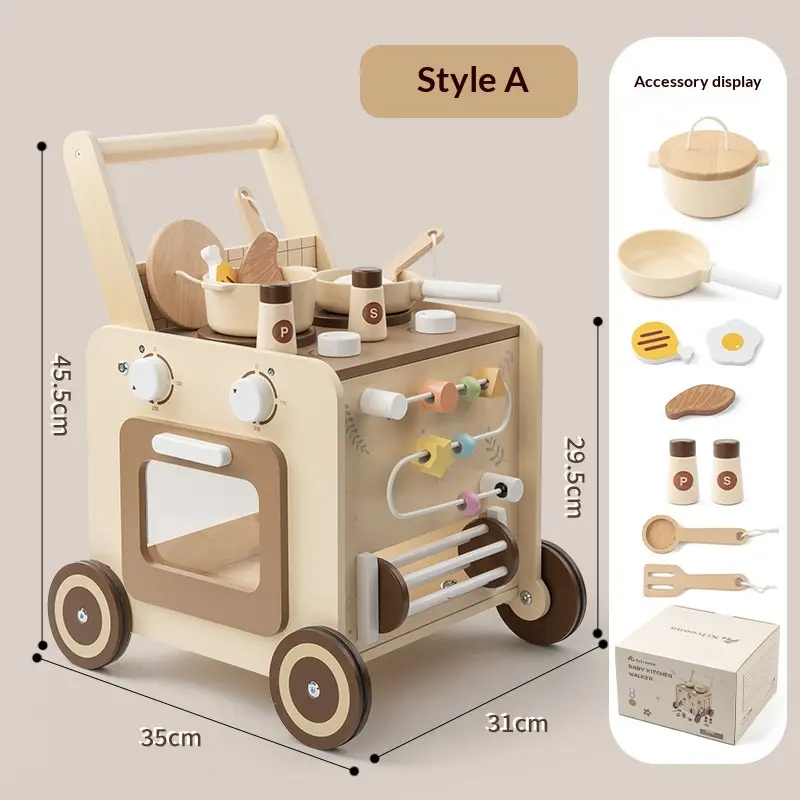 2-in-1 Wooden Toddler Activity Walker & Kitchen Playset - Multifunctional Beaded Hand Truck Toy