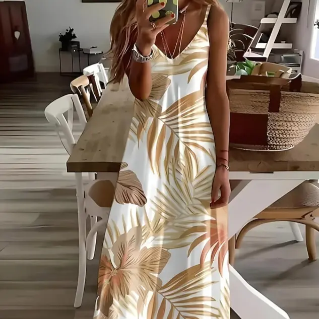 Women's Floral Print V-Neck Flared Maxi Dress - Relaxed Fit Flowy Sundress