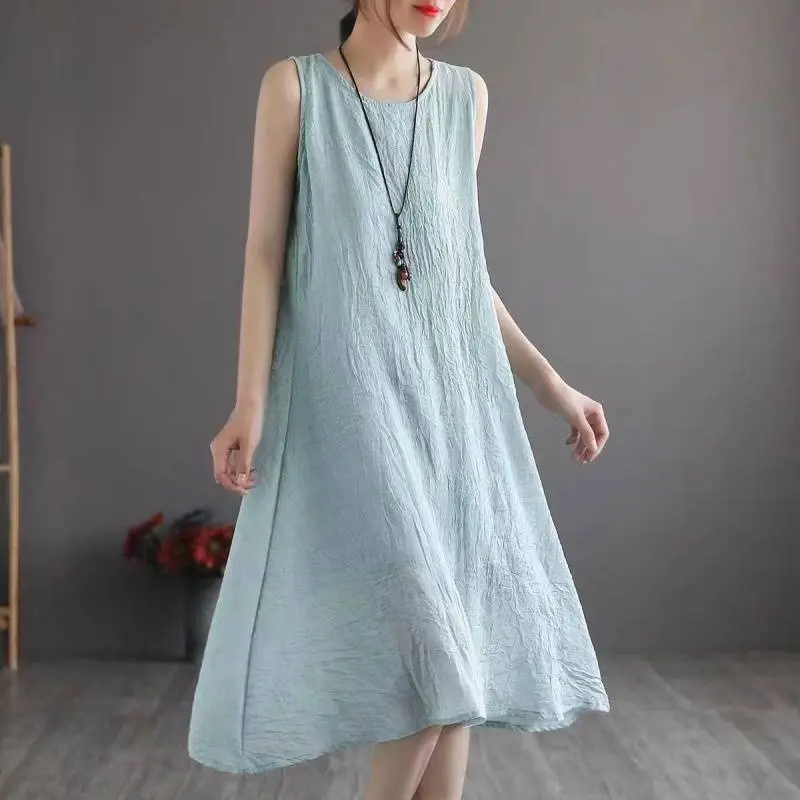 Women's Sleeveless Cotton-Linen Maxi Dress | Casual Loose-Fit A-Line Long Dress