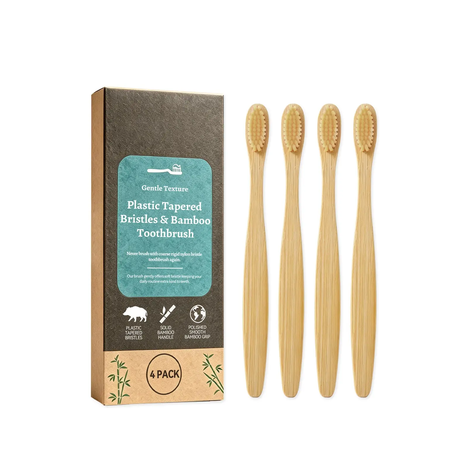 Eco-Friendly Natural Bamboo Toothbrush Set – Soft Tapered Bristles (4-Pack)