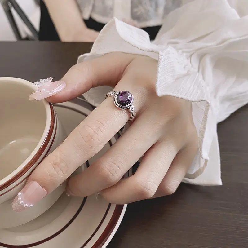 Vintage S925 Sterling Silver Mantra Ring - Distressed Amber & Amethyst Adjustable Open Band