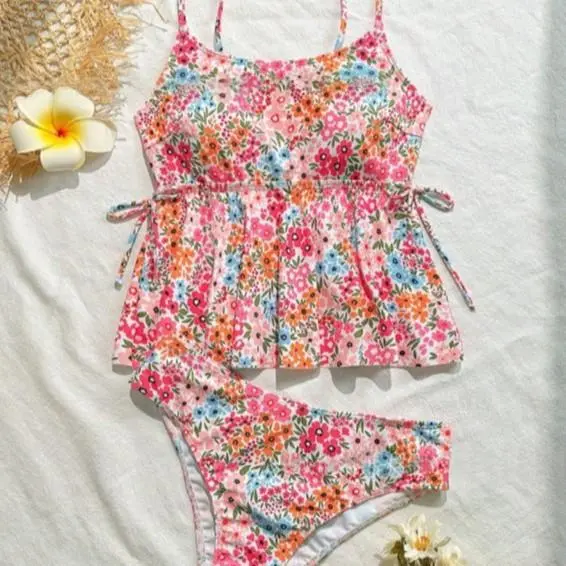 Women's Red Floral Print Two-Piece Resort Swimsuit - Waist-Cinching Camisole & Shorts Set