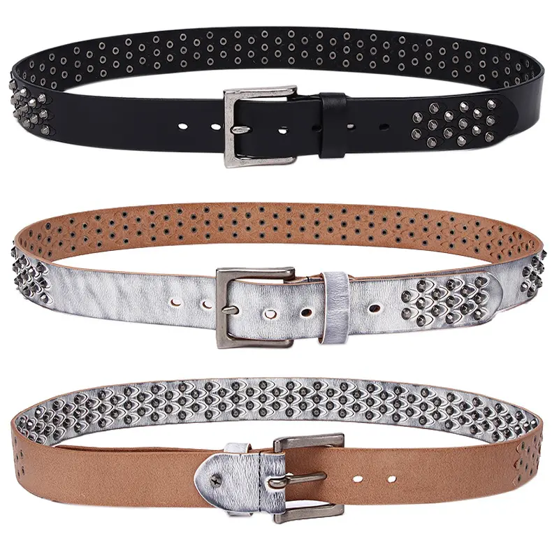 Women's Vintage Studded Rivet Belt – Handcrafted Full-Grain Cowhide Leather Belt with Alloy Pin Buckle