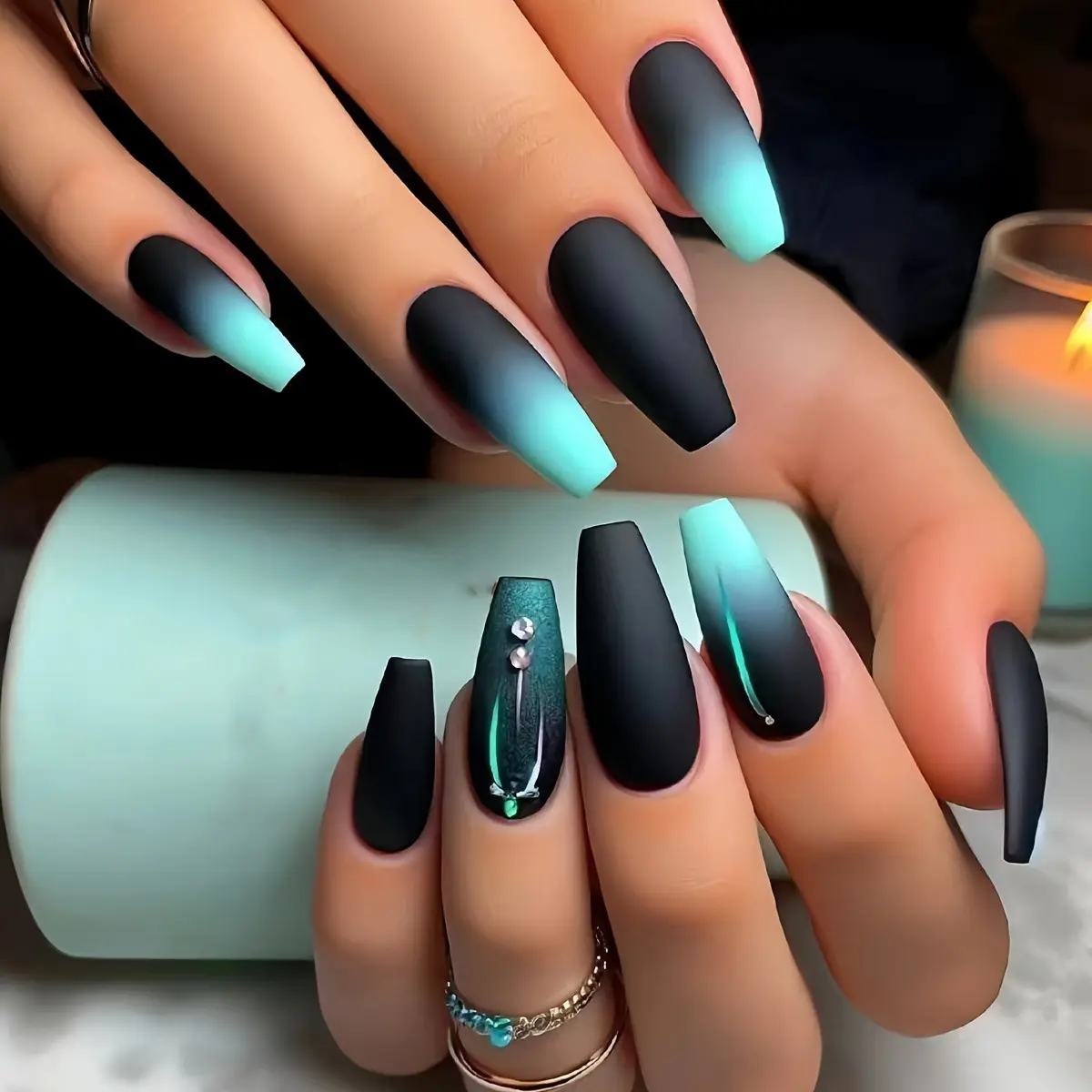 Sparkling Green Gradient Rhinestone Press-On Nails – Elegant Ballet Style False Nail Set
