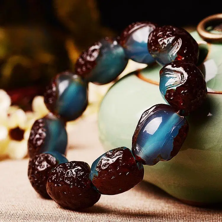 Natural Blue Amber & Shell Unisex Bracelet – Modern Minimalist Gemstone Jewelry for Men and Women