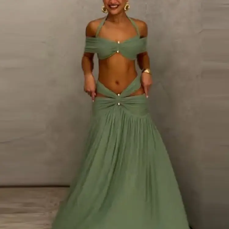 Chic Halter-Neck Hollow-Out Top & High-Waist Pleated Skirt Set in Elegant Green