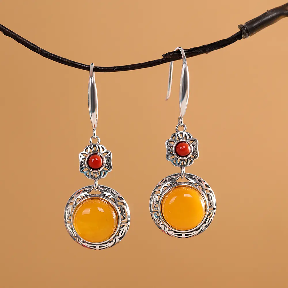 S925 Sterling Silver Vintage Amber Earrings – Artistic Hollow-Out Geometric Drop Earrings for Women