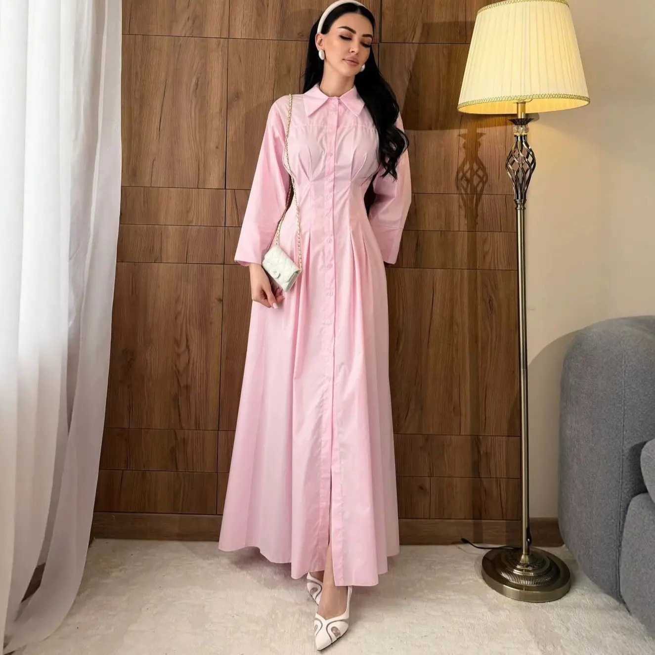 Elegant High-Waist A-Line Long Sleeve Shirt Dress - Figure-Flattering Stretch Fit