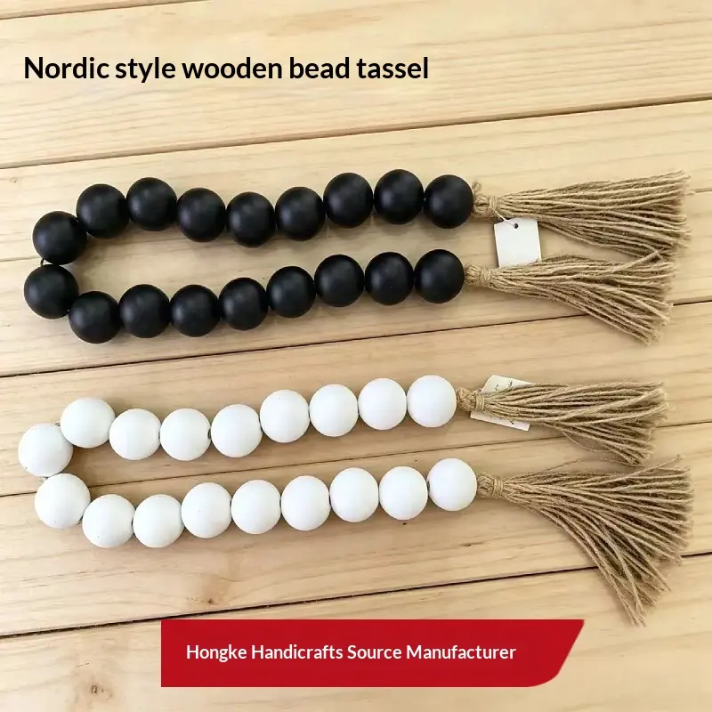 Rustic Boho Hand-Woven Wooden Bead Statement Necklace with Hemp Rope Tassels