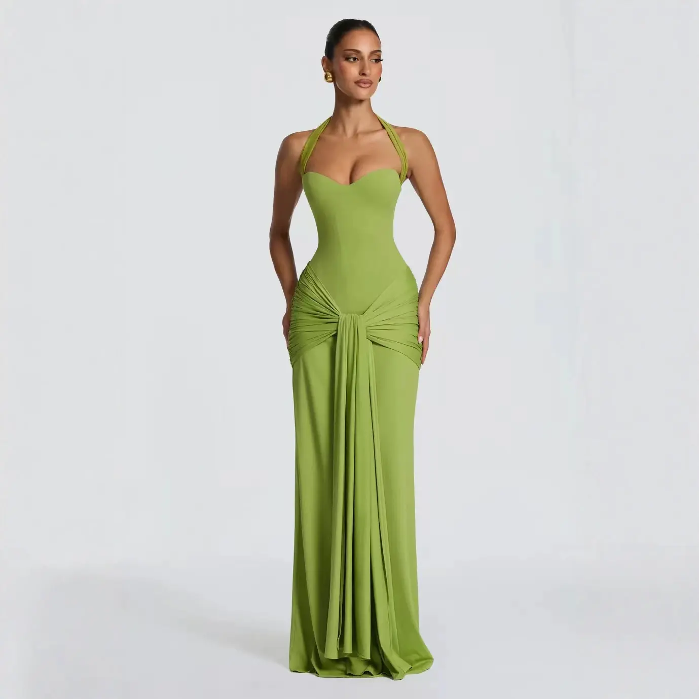 Elegant Green Side-Tie Knot Pleated Slim-Fit Dress | High Waist Sleeveless Knitted Dress