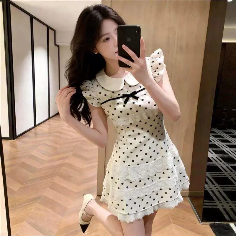 Chic Polka Dot A-Line Mini Dress – High-Waist Slim-Fit Elegant Casual Dress