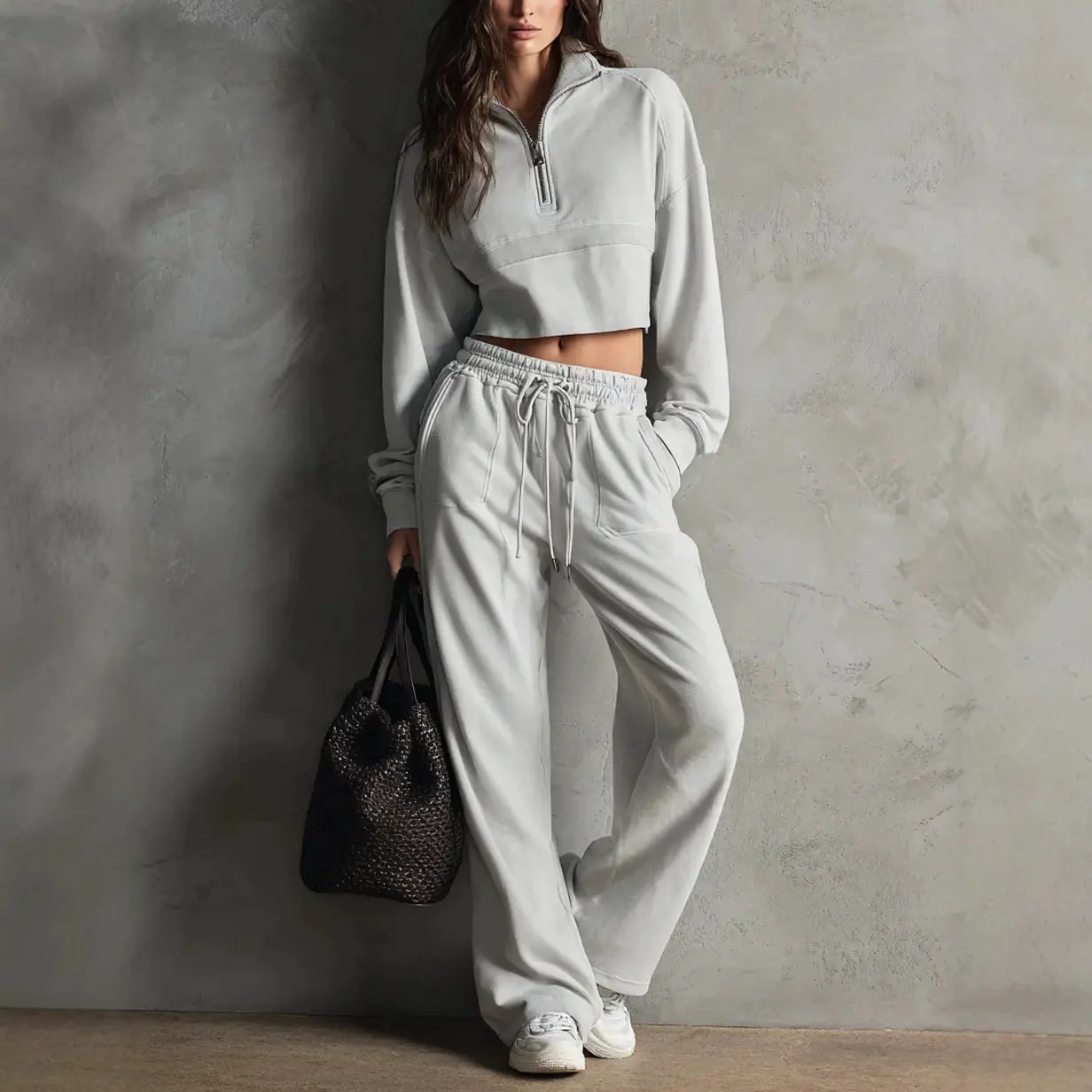 Women's 2-Piece Casual Sweatshirt & Lace-Up Wide-Leg Pants Loungewear Set