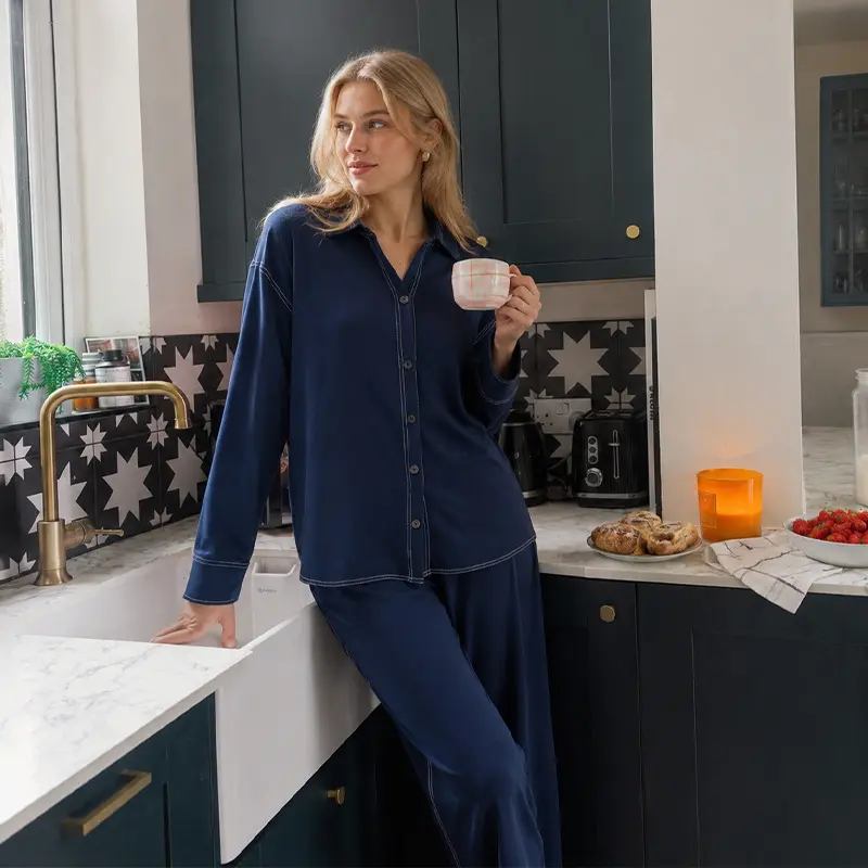 Ultra-Soft Navy Blue Long-Sleeve Pajama Set – Lightweight Loungewear for Women