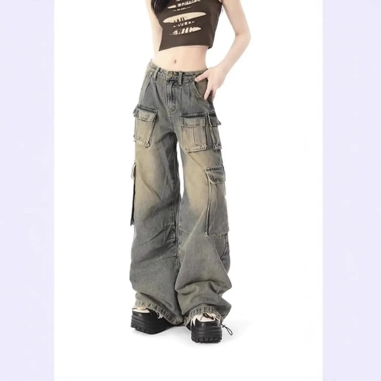 Women's American Workwear Wide-Leg Denim Cargo Jeans - Casual Streetwear Pants