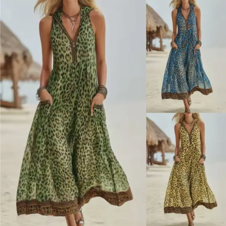 Women's Chic Leopard Print Sleeveless Hooded Dress with Zipper Collar
