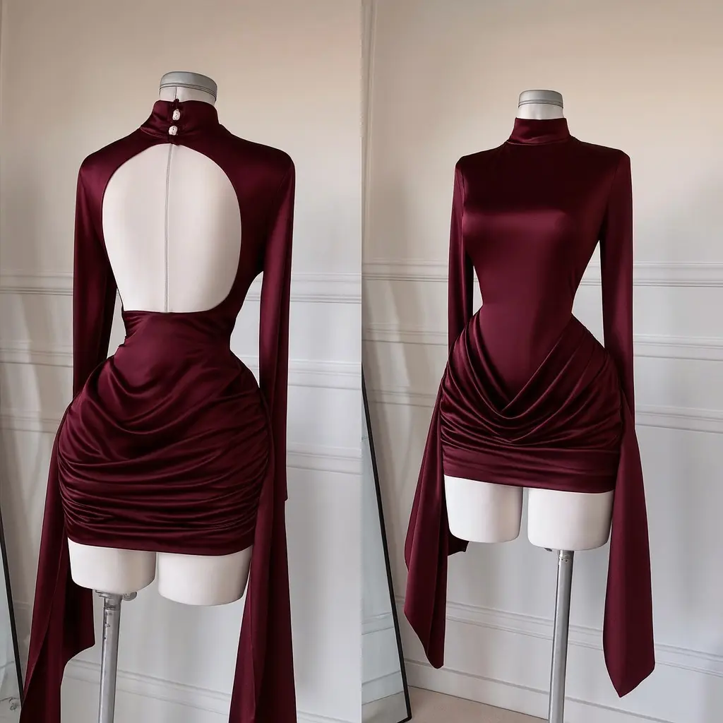 Women's Sexy Mock Neck Backless Long Sleeve Bodycon Mini Dress
