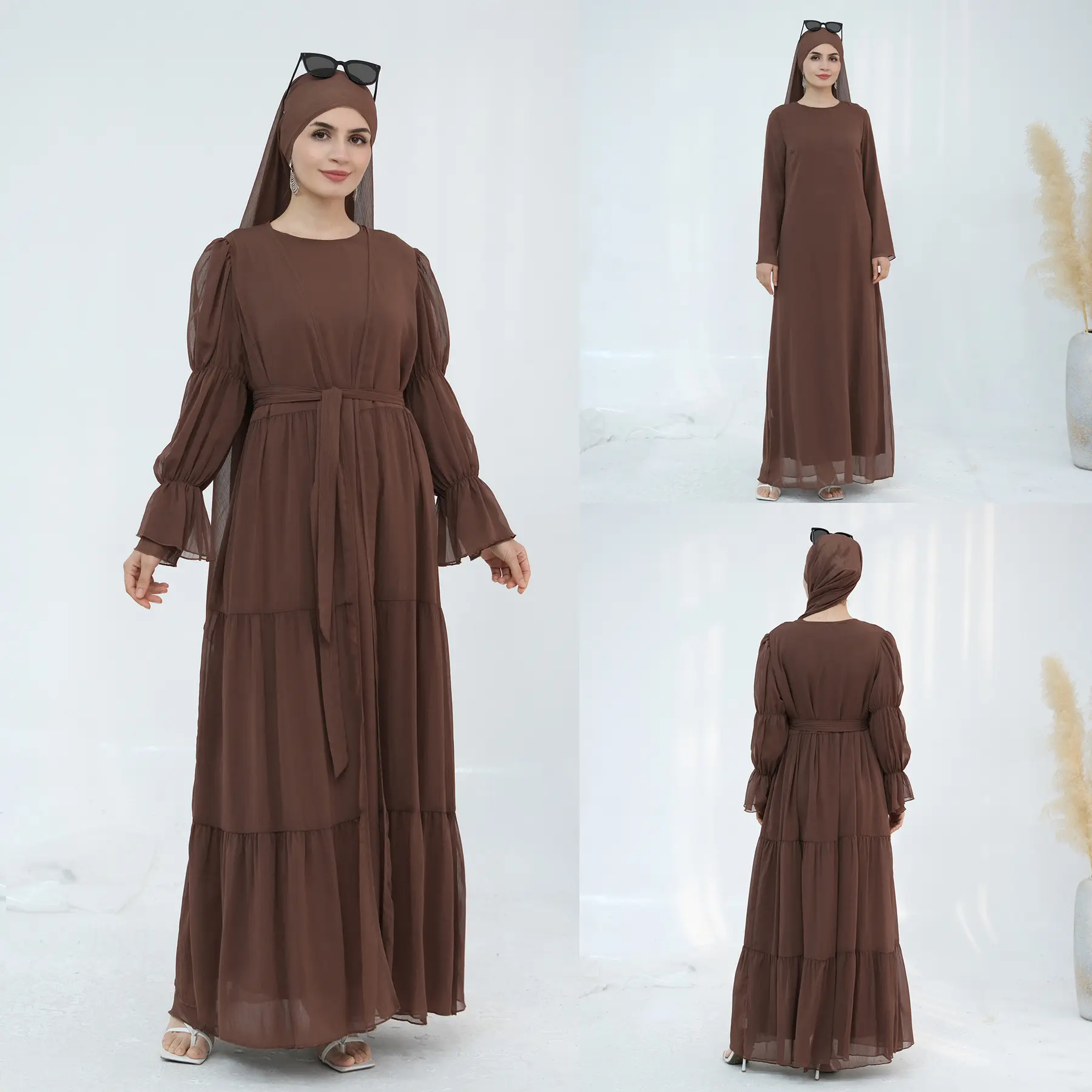 Elegant Chiffon Ruffle Two-Piece Maxi Dress Set – Flowy Cardigan & Slip Dress Ensemble
