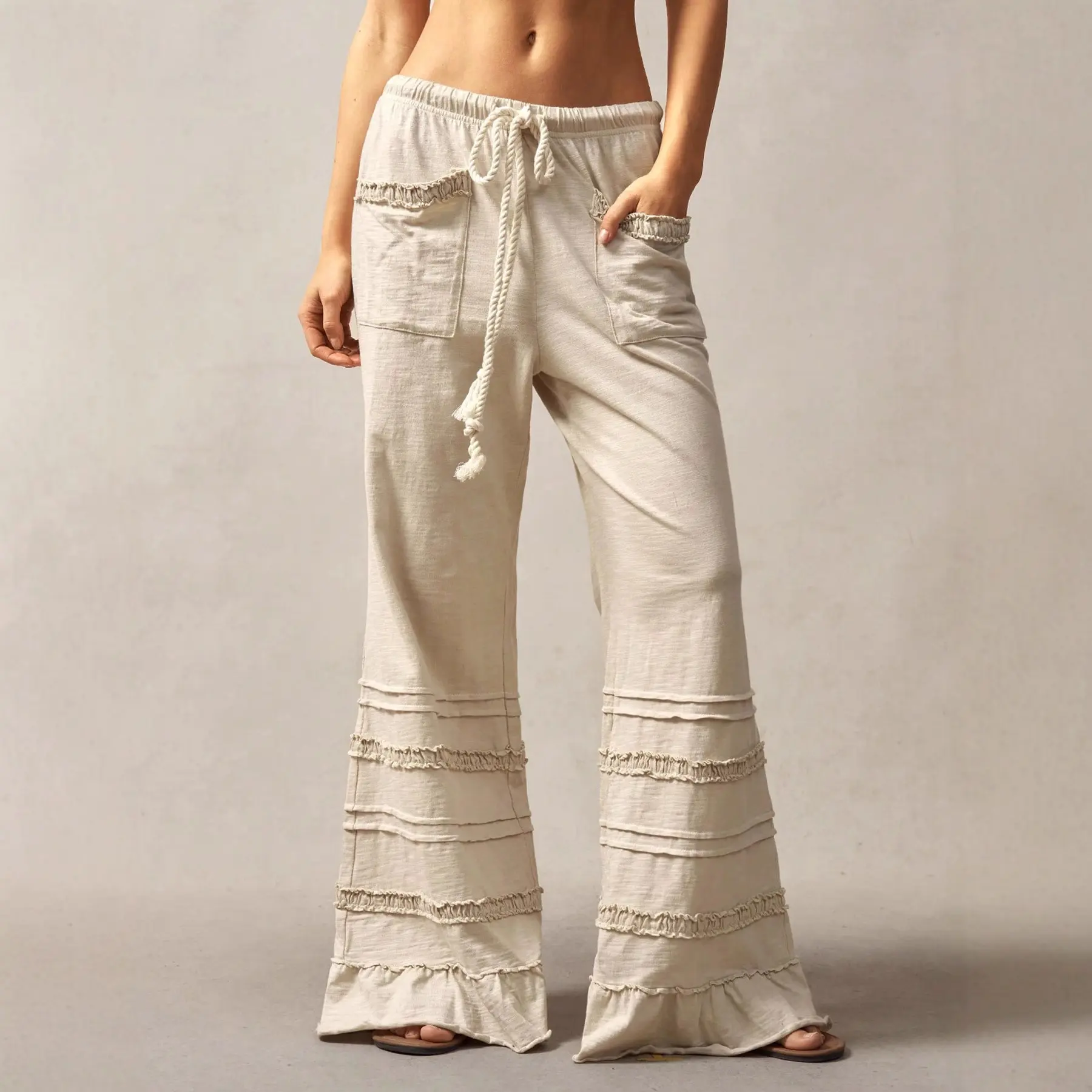 Women's Chic Off-White Drawstring Elastic Waist Wide-Leg Casual Pants