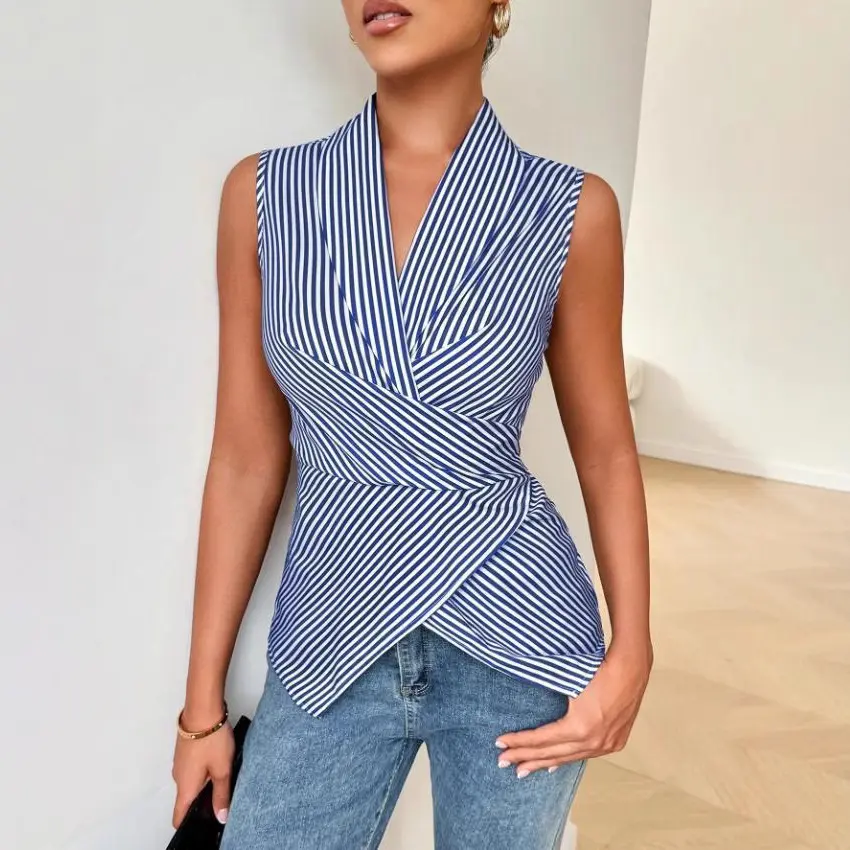 Women's Elegant Striped Sleeveless V-Neck Blouse – Asymmetrical Summer Top with Back Tie