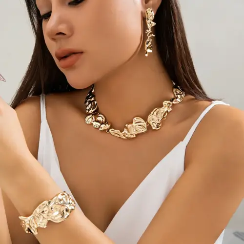 Molten Lava Textured Jewelry Set – Irregular Metal Statement Necklace & Matching Bracelet