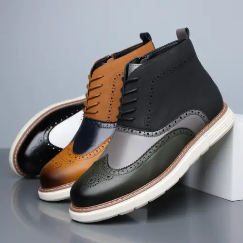 Men's British-Style Color-Block Mid-Calf Boots - Trendy Patchwork Side-Zipper Combat Boots