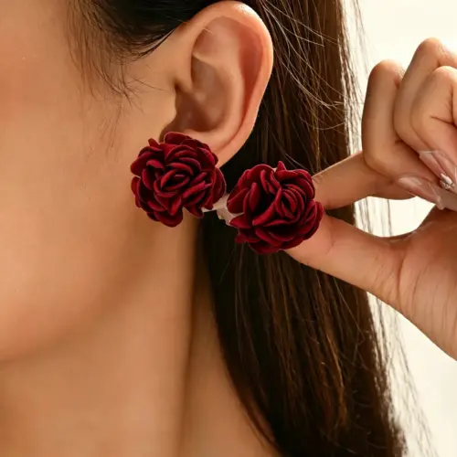 Elegant Fabric Rose Flower Drop Earrings - Chic Statement Floral Jewelry for Women