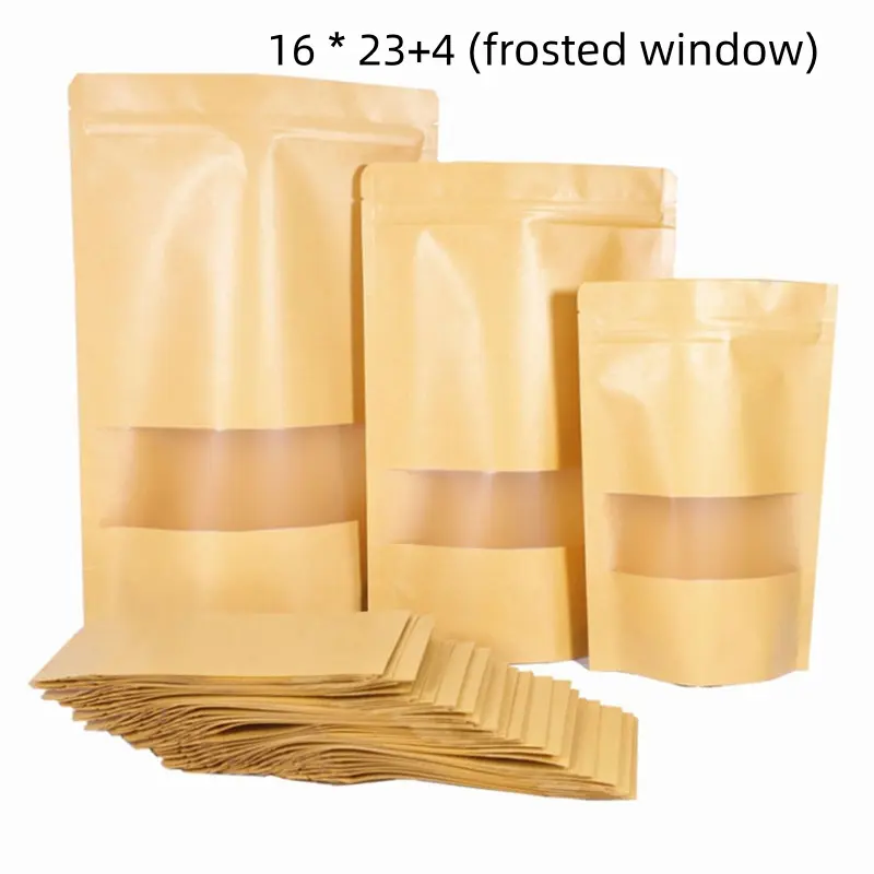 Premium Kraft Paper Stand-Up Pouch with Frosted Display Window - Eco-Friendly Food & Retail Packaging Bag (16x23+4cm)