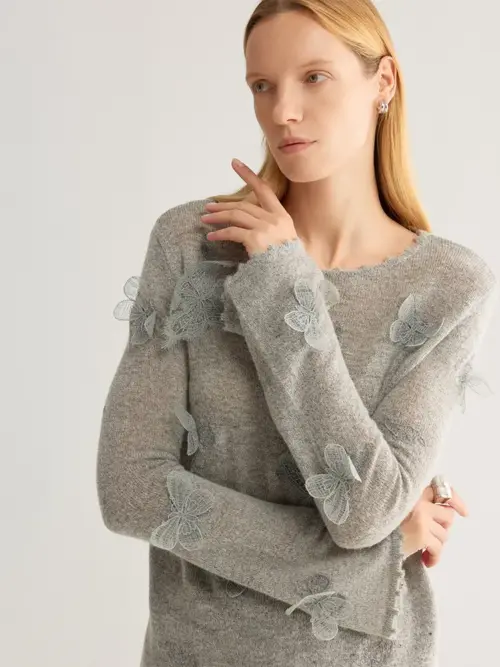Cream White 3D Butterfly Appliqué Basolan Wool Crewneck Knit Sweater