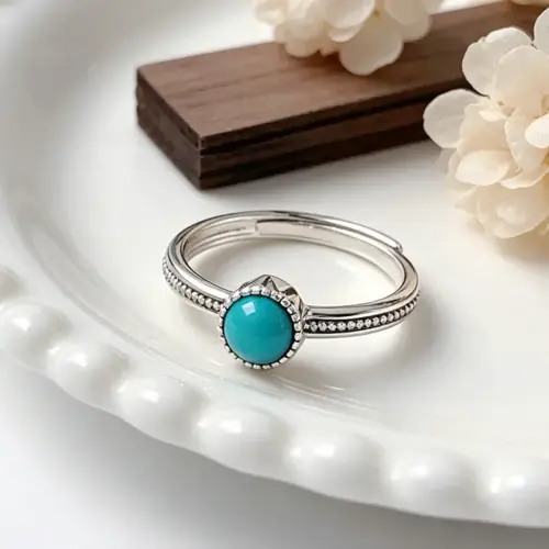 Vintage S925 Sterling Silver Turquoise Ring – Bohemian Beaded Adjustable Band for Women