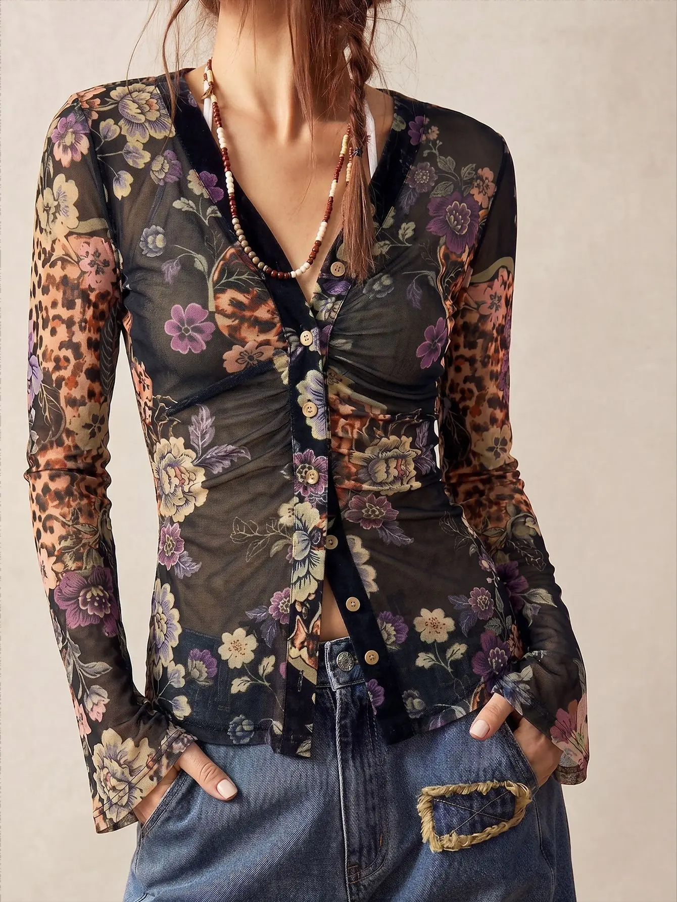 Women's Retro Printed Slim Fit Shirt – Elegant Vintage Blouse for Work, Casual & Vacation