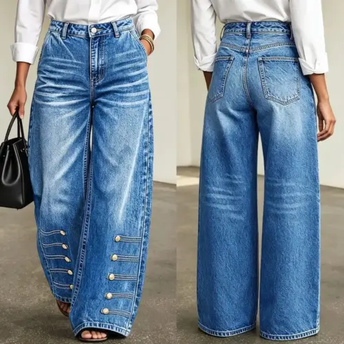 Women's Classic High-Waisted Wide-Leg Jeans - Vintage Blue Denim Streetwear Pants