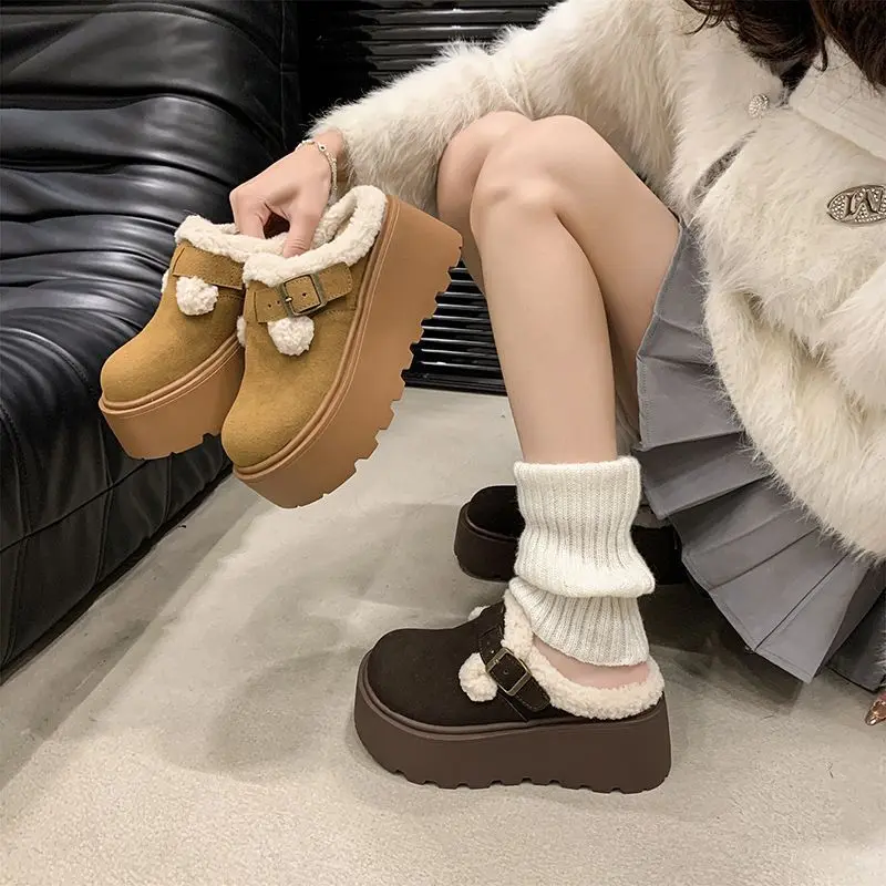 Women's Cozy Suede Chunky Platform Loafers - Warm Plush-Lined Round-Toe Shoes