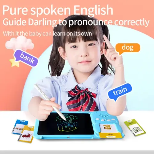 2-in-1 Kids Bilingual Learning Tablet & LCD Drawing Board – Interactive Talking Flash Cards & Doodle Pad