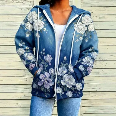Women's Festive Christmas 3D Digital Print Zip-Up Hoodie – Casual Fall & Winter Holiday Sweatshirt