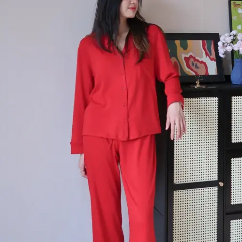 Women's Ultra-Soft Modal Loungewear Set - Long Sleeve Top and Full-Length Pajama Pants in Brick Red