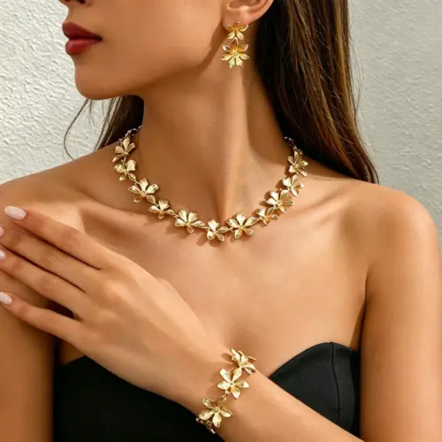Luxury Geometric Floral Jewelry Set for Women - Elegant Metal Necklaces, Bracelets & Earrings