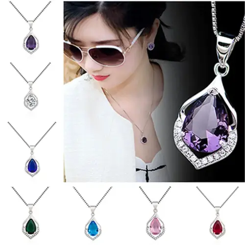 Sparkling Teardrop Amethyst Pendant Necklace - Elegant Silver-Plated Clavicle Chain