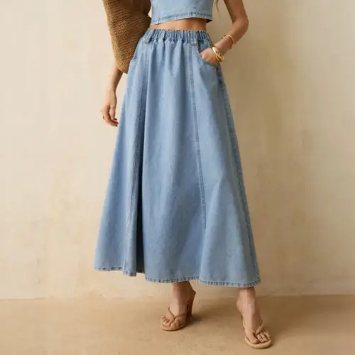Women's Casual Washed Denim Mini Skirt – High Elastic Waist A-Line Ruffle Flared Hem