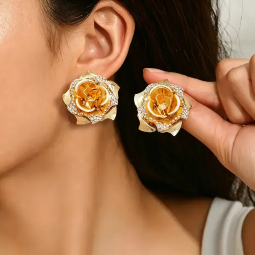 Elegant Gold Flower Petal Geometric Earrings – Sparkling Crystal Inlaid Floral Statement Earrings for Women