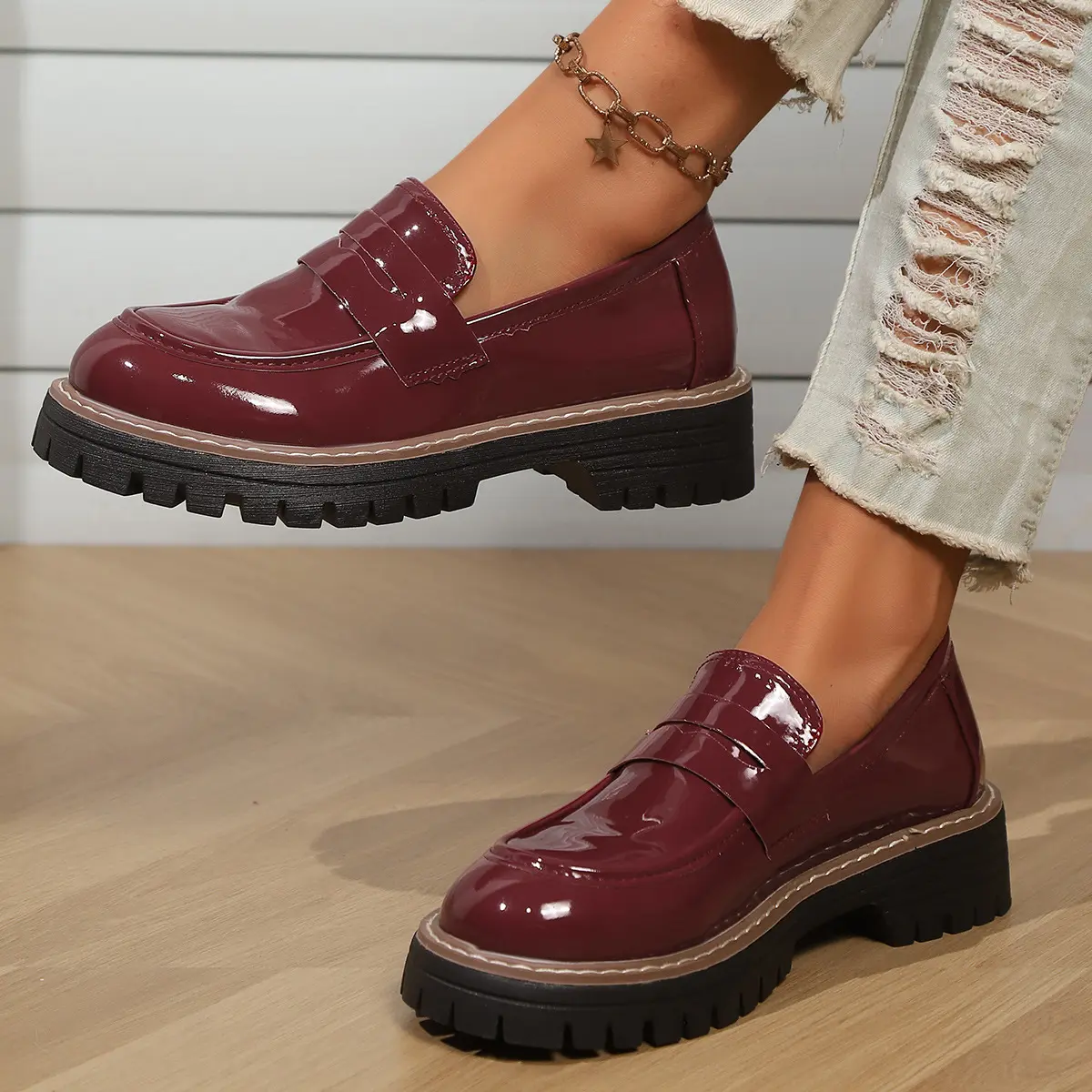 Women's Chunky Platform Loafers - British Style Slip-On Dress Shoes with Lug Sole