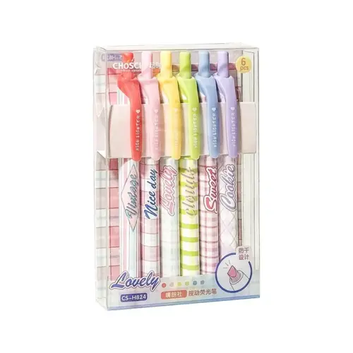 6-Pack Retractable Click Highlighter Pens – Quick-Drying, No-Bleed Chisel Tip Aesthetic Markers